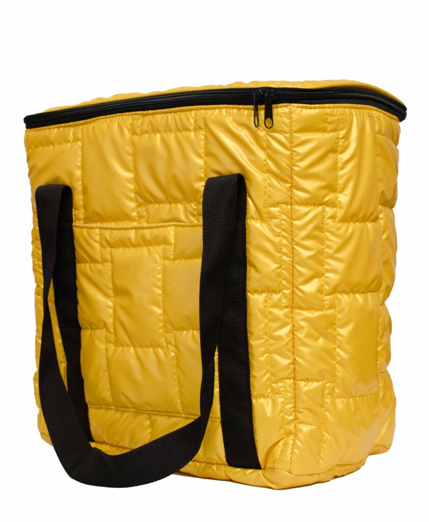 A yellow reusable thermal puffer bag