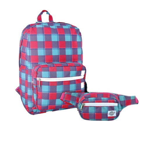 Red, blue, and purple pattern backpack and fanny pack