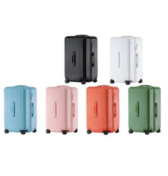 6 suit cases in black, white, blue, pink, orange, and green