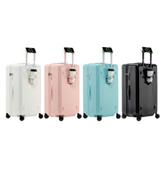 4 suitcases in white, pink, blue and black