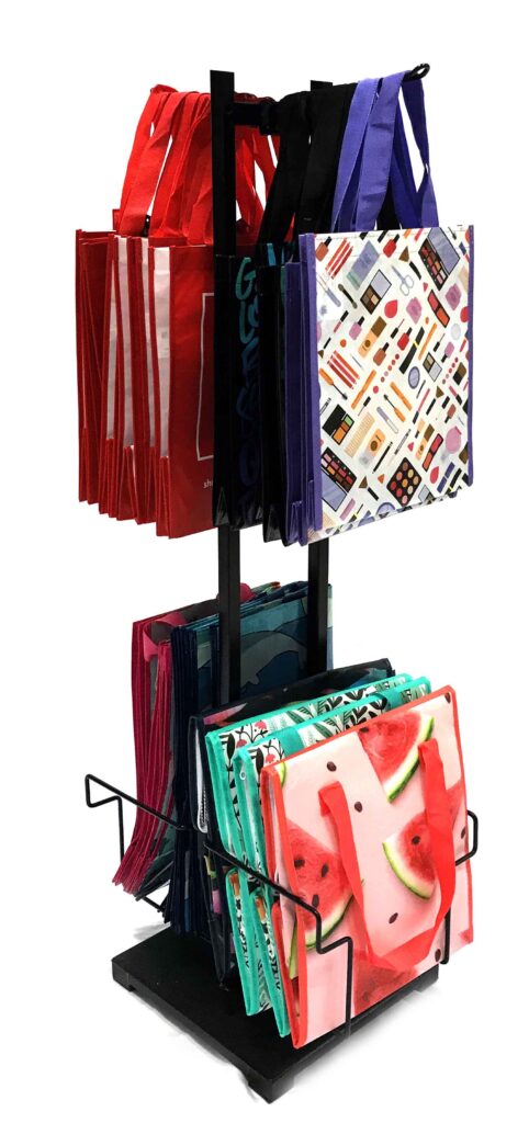 Eco-friendly reusable shopping bags hanging on a rack