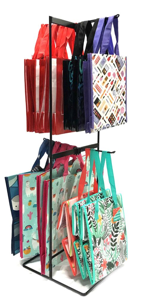 Eco-friendly reusable bags hanging on a rack